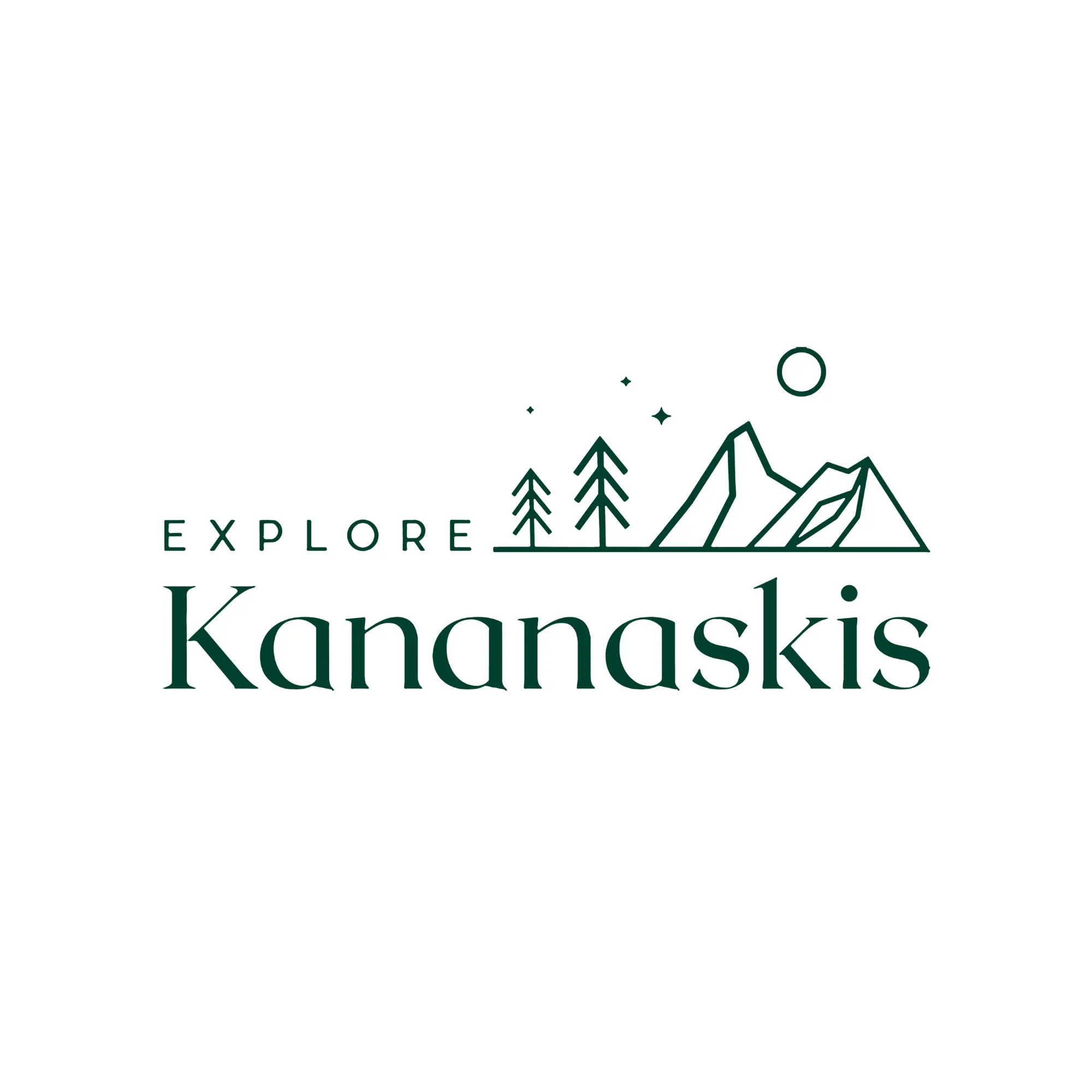 Logo with the words “Explore Kananaskis” in green text, above minimalist line drawings of three trees, two mountains, a sun, and a few stars on a white background.