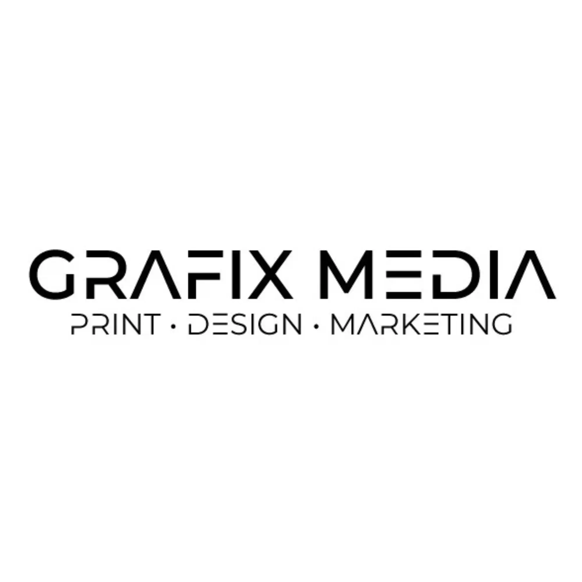 The image shows the logo “GRAFIX MEDIA” in bold black text, with “PRINT · DESIGN · MARKETING” in smaller capital letters below. The background is white.