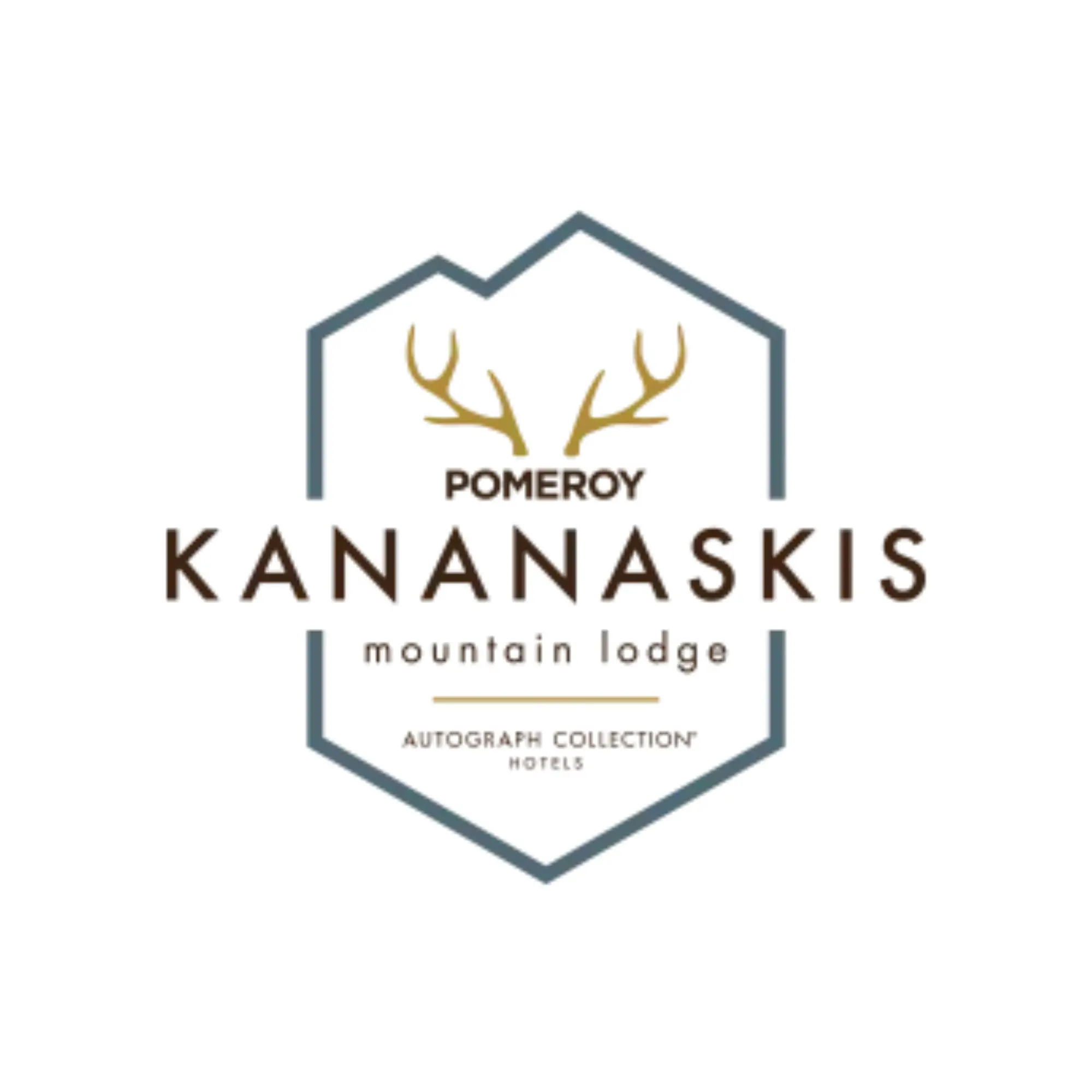 Logo for Pomeroy Kananaskis Mountain Lodge. It features antlers above the words, with “mountain lodge” and “Autograph Collection Hotels” below, all within a simple outlined shield shape.