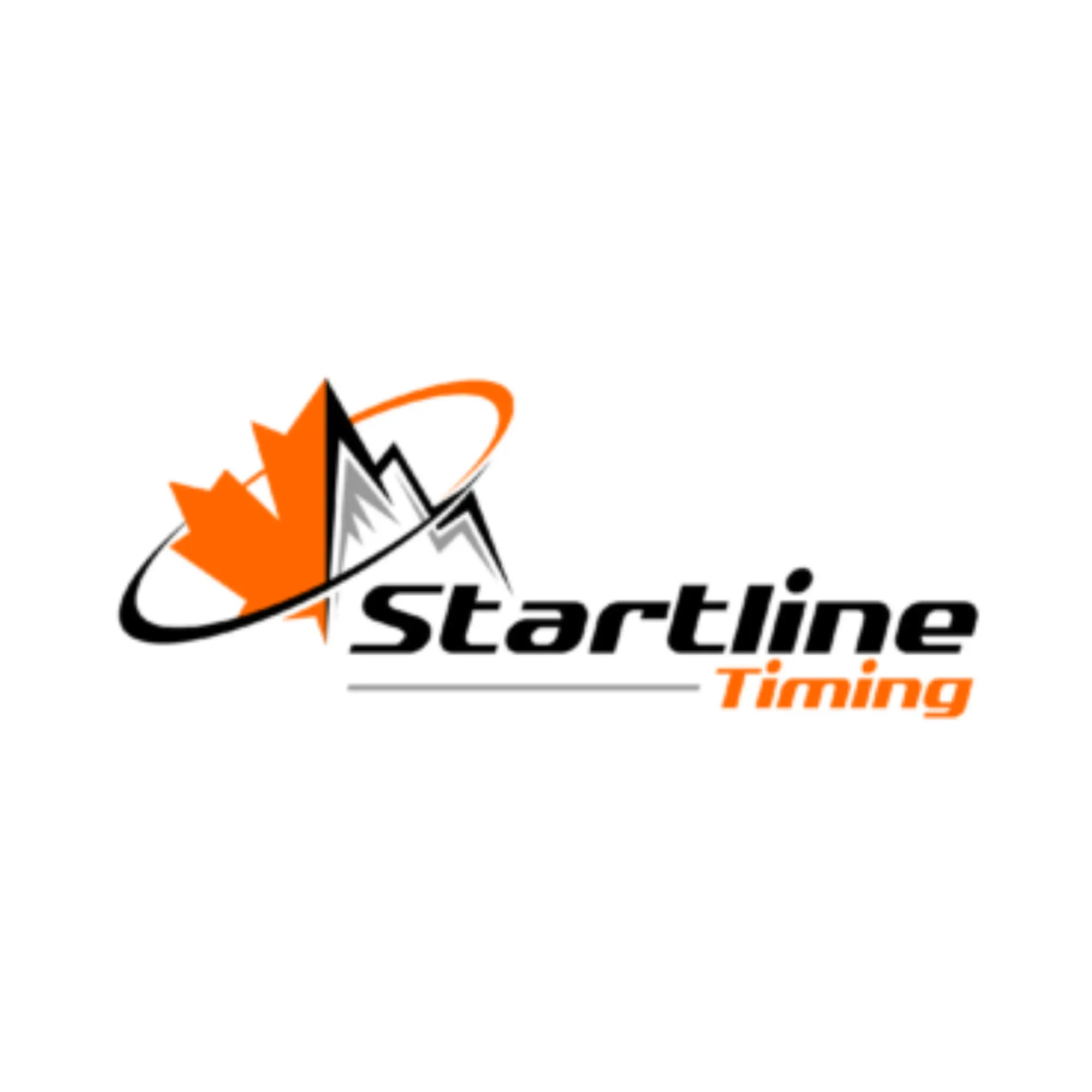 Logo with an orange maple leaf, gray mountains, and an orange swoosh. Text below reads “Startline Timing” with “Startline” in black and “Timing” in orange. White background.