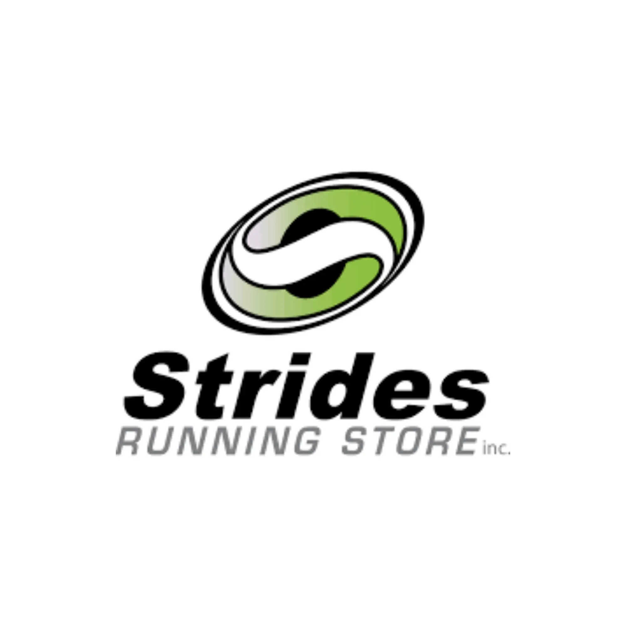 Logo for Strides Running Store featuring a stylized “S” inside an oval shape with green and black accents above the words “Strides Running Store inc.” in bold and regular fonts on a white background.