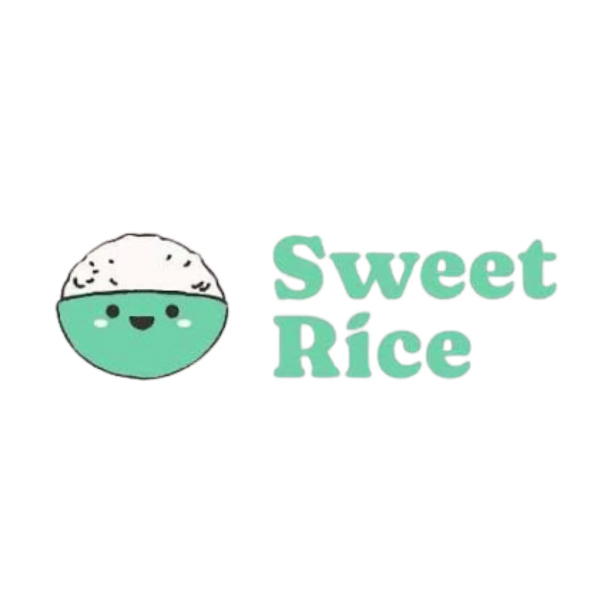 A cartoon bowl of rice with a smiling face is next to the words “Sweet Rice” in green bubble letters, all on a white background.