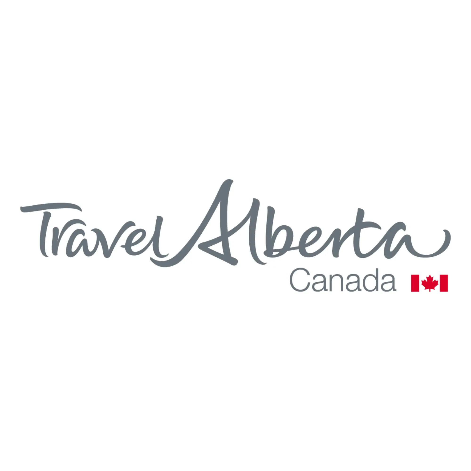 Travel Alberta Canada logo in gray script, with a small red Canadian flag to the right of the word “Canada” on a white background.