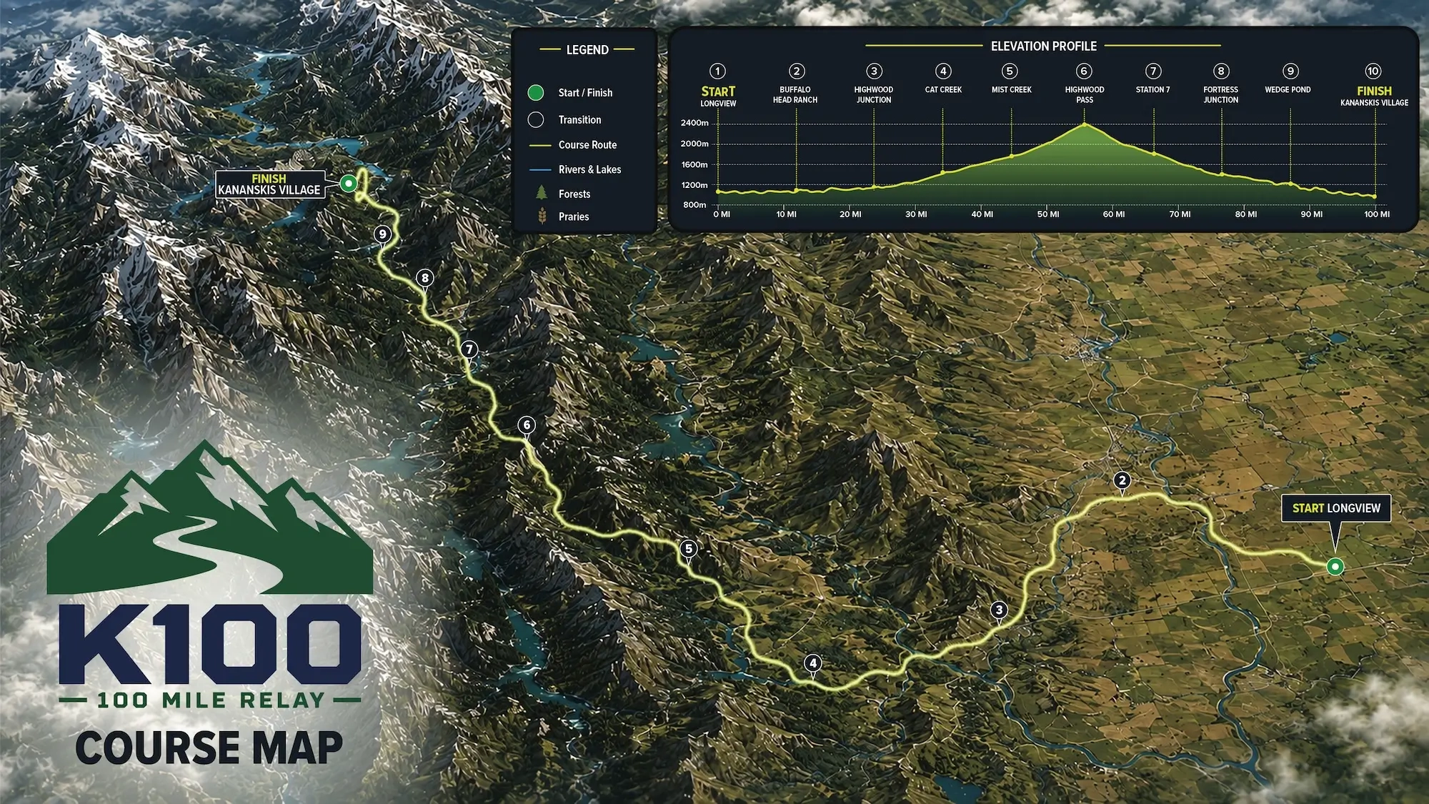 K100_Route_Map_SOURCE A 3D map shows the K100 100-mile relay race route from Longview to Hawrelak Park, highlighting towns, elevation profile, and checkpoints along mountainous and rural terrain. Course logo and legend are included.